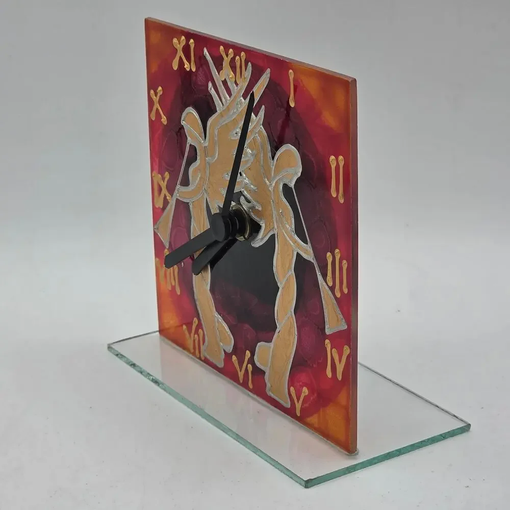 Hand Painted Glass Desk Clock Golden Trumpeting Angels Colorful Red Square Art